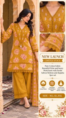 New Launch Premium Pure Cotton Printed Heavy Work Kurti, Farshi Salwar and Dupatta Size wise Combo Set