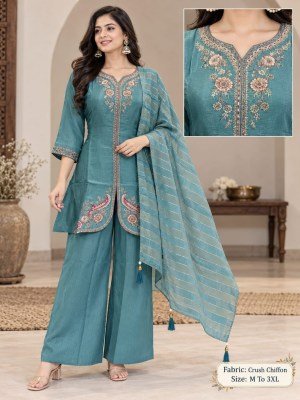 New Most Demanded Crush Chiffon 3-Piece Short Palazzo Set Size wise Combo Set