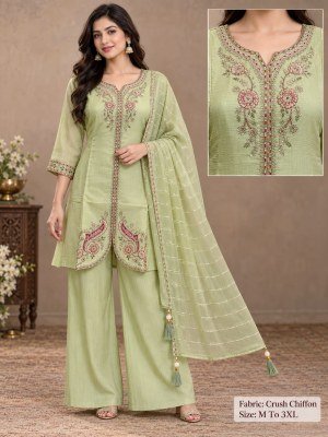 New Most Demanded Crush Chiffon 3-Piece Short Palazzo Set Size wise Combo Set