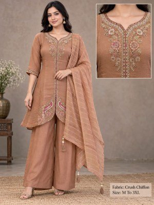New Most Demanded Crush Chiffon 3-Piece Short Palazzo Set Size wise Combo Set
