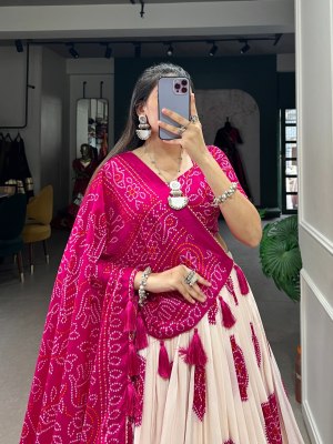  New Navratri Collection Tussar Silk Bandhej Print Pink Colour Buy Single  lehenga choli