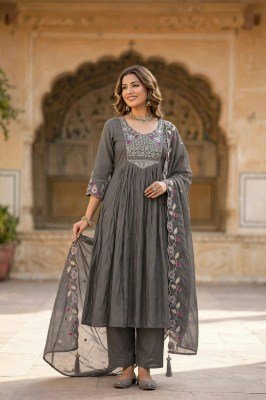 New Premium Mul Chanderi Silk 3-Piece Set with Embroidery Work for Women Size wise Combo Set