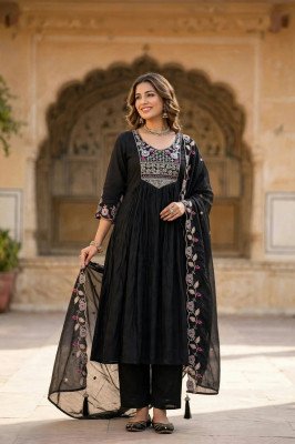 New Premium Mul Chanderi Silk 3-Piece Set with Embroidery Work for Women Size wise Combo Set