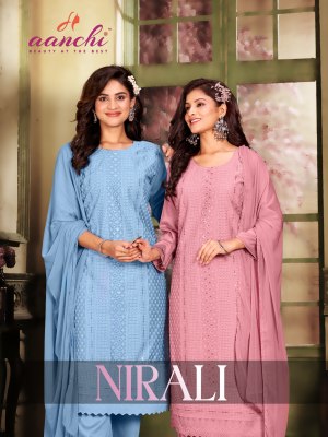 Nirali by Aanchi kurti fancy chinon chikan embroidered kurti pant and dupatta catalogue Amavi