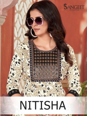 Nitisha by Sangeet Heavy Reyon gold Multi Colour Sequence Embroidered Flared Kurti catalogue at affordable rate Amavi