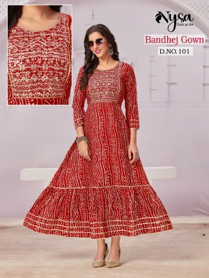 Nysa by bandhey Gown present semi capsule bandhej foil printed flared kurti catalogue at affordable rate Amavi