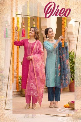 OREO  D.N 1001-1008 Heavy Vartican Silk Contrast Tie Work Kurti Pant Dupatta Set 