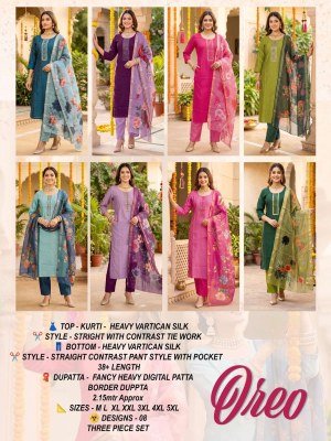 OREO  D.N 1001-1008 Heavy Vartican Silk Contrast Tie Work Kurti Pant Dupatta Set kurti pant with dupatta Catalogs