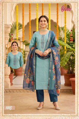 OREO  D.N 1001-1008 Heavy Vartican Silk Contrast Tie Work Kurti Pant Dupatta Set kurti pant with dupatta Catalogs