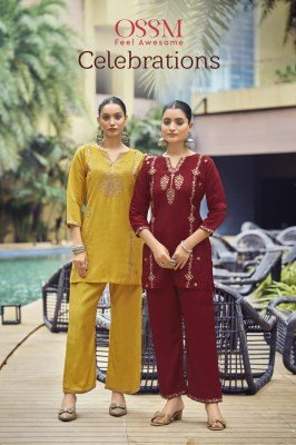 OSSM Celebrations Festive Viscos Roman Silk Heavy Embroidery Work Suit with Pant Pocket Wholesale co ord set catalogs