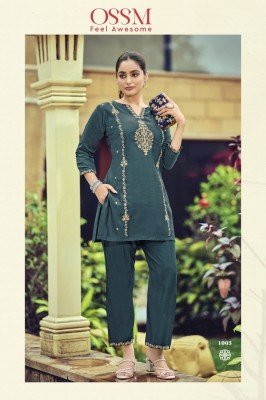 OSSM Celebrations Festive Viscos Roman Silk Heavy Embroidery Work Suit with Pant Pocket Wholesale co ord set catalogs