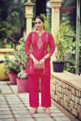 OSSM Celebrations Festive Viscos Roman Silk Heavy Embroidery Work Suit with Pant Pocket Wholesale co ord set catalogs