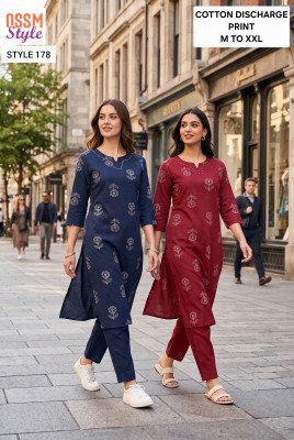 OSSM Cotton Discharge Print Kurti Pant Combo Set kurtis catalogs