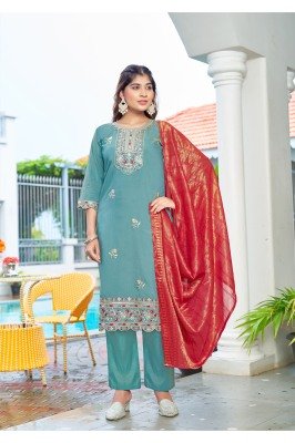 OSSM Mehak Premium Embroidered Roman Simmer Top And Bottom with Pocket Jacquard Simmer Dupatta Wholesale kurtis catalogs