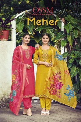 OSSM Meher Festive Collection Heavy Embroidered Pure Viscose Roman Silk Suit with Pant Pocket And Digital Chanderi Jacquard Dupatta Wholesale  kurtis catalogs