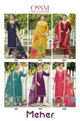 OSSM Meher Festive Collection Heavy Embroidered Pure Viscose Roman Silk Suit with Pant Pocket And Digital Chanderi Jacquard Dupatta Wholesale  kurtis catalogs