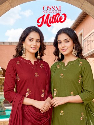 OSSM Millie Premium Cotton Salli Embroidered Kurti Pant with Cotton Mal Dupatta Set wholesale catalogs