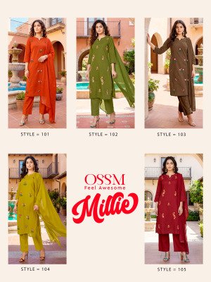 OSSM Millie Premium Cotton Salli Embroidered Kurti Pant with Cotton Mal Dupatta Set kurti pant with dupatta Catalogs