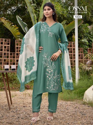 OSSM Noor Embroidered Viscose Vatican Silk Suit And Pant With Pocket Set with Digital Printed Dupatta Wholesale kurtis catalogs