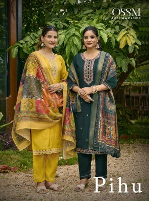 OSSM Pihu Festive Collection Viscose Roman Silk Kurti with Heavy Embroidery And Pant Pocket Jacquard Digital Print Dupatta Wholesale kurtis catalogs