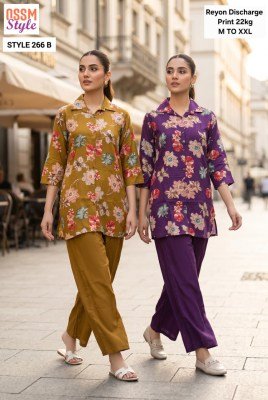 OSSM Style 266 Rayon Discharge Print Shirt Pattern Kurti Pant Combo Set kurtis catalogs