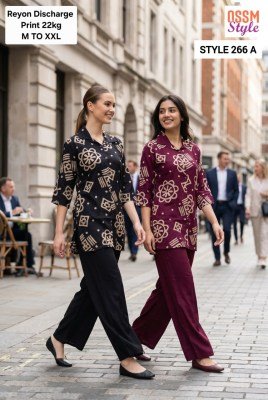 OSSM Style 266 Rayon Discharge Print Shirt Pattern Kurti Pant Combo Set kurtis catalogs