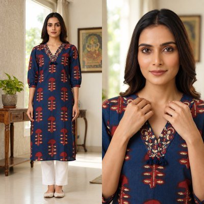 One Piece Cotton Printed Embroidery Kurti with One Side Pocket Size wise Combo Set