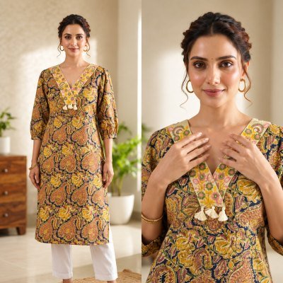 One Piece Cotton Printed Embroidery Kurti with One Side Pocket Size wise Combo Set