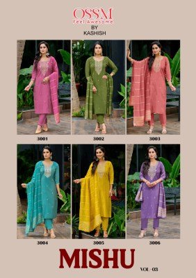 Ossm Mishu Vol 03 Fancy Collection Premium Roman Simmer Fabric Heavy Embroidery Pant Pocket Kurti AndJacquard Dupatta Wholesale kurtis catalogs