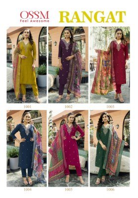 Ossm Rangat Festival Collection Premium Roman Silk Kurti Set with Heavy Embroidery Astar And Pant Pocket Jacquard Digital Print Dupatta Wholesale kurtis catalogs