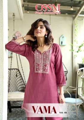 Ossm Vama Vol 03 Luxury Viscose Vetican Silk Co-ord Set Heavy Embroidery And Pockets Wholesale Ossm Kurti catalogue