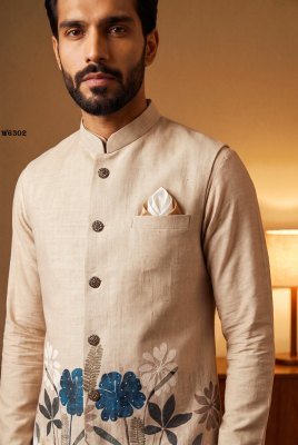 Outluk Wedding 63 Heavy Designer Linen Modi Jacket with Digital Print  modi jacket