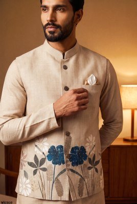Outluk Wedding 63 Heavy Designer Linen Modi Jacket with Digital Print  modi jacket