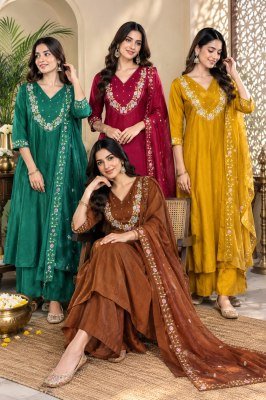 PADMAVATI Festival Special 3-Piece Collection  Pure Mul Chanderi 12 Kali Kurti with Palazzo and  Dupatta Size wise Combo Set