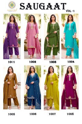 PASSION TREE SAUGAAT Vol-1 Embroidery Straight Top Pant Palazzo Dupatta Set Fancy Palazzo suit catalogue