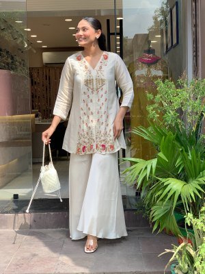 PC Misa Silk Kurta Palazzo Set with Embroidery Work 