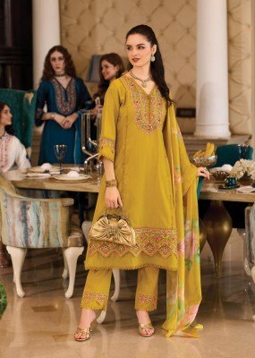 PRM India Amoro Roman Silk A Line Kurti Set with Embroidery, Handwork And Tabby Silk Digital Print Dupatta Wholesale kurtis catalogs