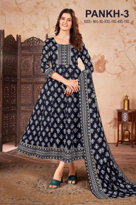 Pankh 3 present heavy reyon gold printed Anarkali kurti  with dupatta catalogue readymade suit catalogs