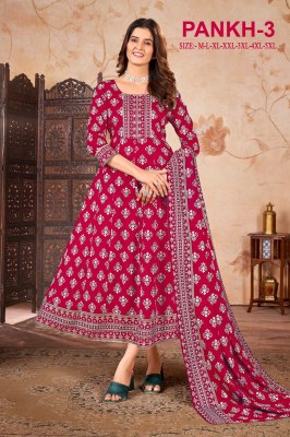 Pankh 3 present heavy reyon gold printed Anarkali kurti  with dupatta catalogue readymade suit catalogs