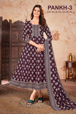 Pankh 3 present heavy reyon gold printed Anarkali kurti  with dupatta catalogue readymade suit catalogs
