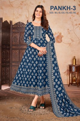 Pankh 3 present heavy reyon gold printed Anarkali kurti  with dupatta catalogue readymade suit catalogs