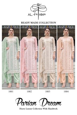Parian dream by Al fathima faux georgette with embroidered kurti pant and dupatta catalogue at affordable rate readymade suit catalogs
