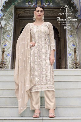 Parian dream by Al fathima faux georgette with embroidered kurti pant and dupatta catalogue at affordable rate readymade suit catalogs