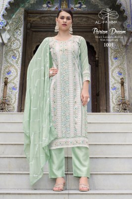 Parian dream by Al fathima faux georgette with embroidered kurti pant and dupatta catalogue at affordable rate readymade suit catalogs