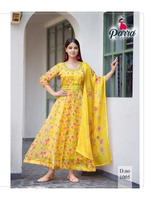 Parra Studio present Soft organza digital printed long kurti pant and dupatta catalogue at low rate fancy Anarkali suit catalogs