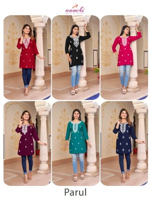 Parul by Aanchi kurti fancy reyon neck embroidered western wear top catalogue at low rate western wear catalogs