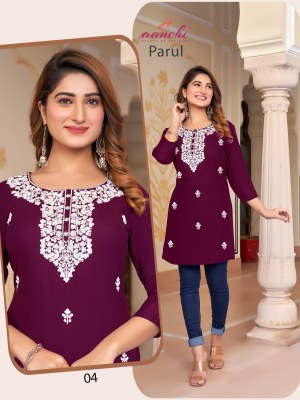 Parul by Aanchi kurti fancy reyon neck embroidered western wear top catalogue at low rate western wear catalogs