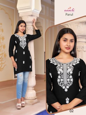 Parul by Aanchi kurti fancy reyon neck embroidered western wear top catalogue at low rate western wear catalogs