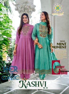 Passion Tree Kashvi Vol 2 Vichitra Silk Anarkali Kurti Set with Fancy Embroidery And Heavy Chanderi Cutwork Dupatta Wholesale kurti pant with dupatta Catalogs