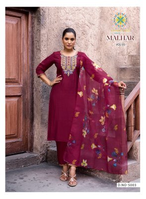 Passion Tree Malhar Vol 5 Roman Silk Embroidered Kurti, Pant And Organza Digital Print Dupatta Set Wholesale kurtis catalogs